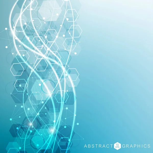 Molécula de estructura y comunicación. ADN, átomo, neuronas. Concepto científico para su diseño. Líneas conectadas con puntos. Medicina, tecnología, química, antecedentes científicos. Ilustración vectorial. — Vector de stock