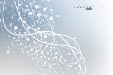 Yapı molekülü ve iletişim. DNA, atom, nöronlar. Tasarımınız için bilimsel bir kavram. Noktalarla birleştirilmiş çizgiler. Tıp, teknoloji, kimya, bilim geçmişi. Vektör illüstrasyonu.