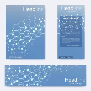 Broşür, A4 şablonu, afiş ayarla. Birbirine bağlı çizgiler ve noktalar olan moleküler yapı. Dergi, broşür, kapak, poster tasarımı için elementleri olan bilimsel desenli atom DNA 'sı.