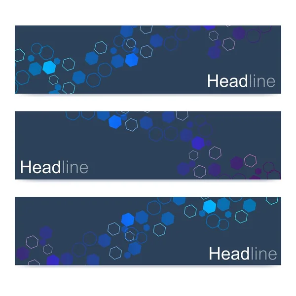 Wissenschaftlicher Satz moderner Vektorbanner. DNA-Molekülstruktur mit miteinander verbundenen Linien und Punkten. Wissenschaftlich-technologisches Konzept. Wellenfluss-Grafik Hintergrund für Ihr Design. Vektorillustration. — Stockvektor