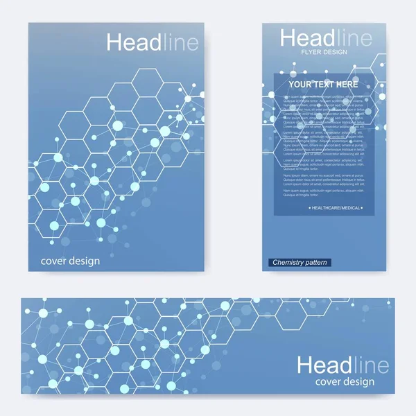 Set flyer, brochure size A4 template,banner. Molecular structure with connected lines and dots. Scientific pattern atom DNA with elements for magazine, leaflet, cover, poster design. — Stock Vector