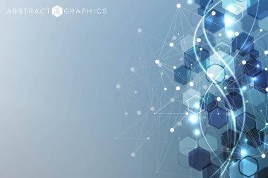 Bilimsel altıgen kalıbın modern fütüristik arka planı. Parçacık, tıbbi, teknoloji, kimya ve bilim için molekül yapısına sahip sanal soyut bir arka plan. Sosyal ağ vektörü