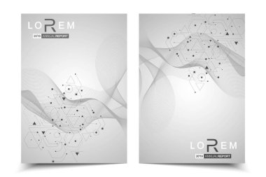 Bilimsel broşür tasarım şablonu. Vektör broşürü düzeni, birbirine bağlı çizgiler ve noktalarla moleküler yapı. Dergi, broşür, kapak, poster tasarımı için elementleri olan bilimsel desenli atom DNA 'sı