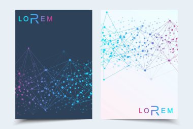 Bilimsel broşür tasarım şablonu. Vektör broşürü düzeni, birbirine bağlı çizgiler ve noktalarla moleküler yapı. Dergi, broşür, kapak, poster tasarımı için elementleri olan bilimsel desenli atom DNA 'sı