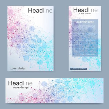 Broşür, A4 şablonu, afiş ayarla. Birbirine bağlı çizgiler ve noktalar olan moleküler yapı. Dergi, broşür, kapak, poster tasarımı için elementleri olan bilimsel desenli atom DNA 'sı.