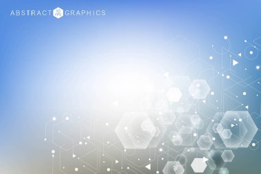 Bilim ağı şablonu, noktaları ve çizgileri birleştiriyor. Teknoloji altıgenlerin yapısı veya moleküler bağlantı elementleri.