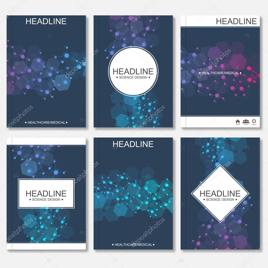Scientific brochure design template. Vector flyer layout, Molecular structure with connected lines and dots. Scientific pattern atom DNA with elements for magazine, leaflet, cover, poster design