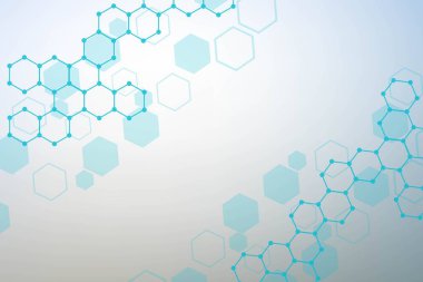 Bilim ağı şablonu, noktaları ve çizgileri birleştiriyor. Teknoloji altıgenlerin yapısı veya moleküler bağlantı elementleri.