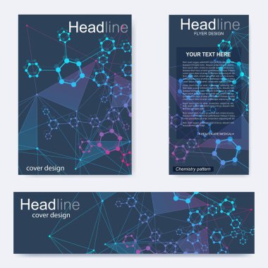 Broşür, A4 şablonu, afiş ayarla. Birbirine bağlı çizgiler ve noktalar olan moleküler yapı. Dergi, broşür, kapak, poster tasarımı için elementleri olan bilimsel desenli atom DNA 'sı.
