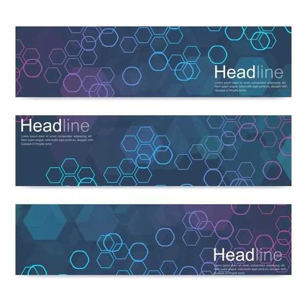 Conjunto científico de banners vectoriales modernos. Estructura de moléculas de ADN con líneas y puntos conectados. Concepto científico y tecnológico. Fondo gráfico de flujo de onda para su diseño. Ilustración vectorial . — Vector de stock