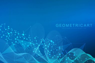 Bağlı çizgi ve noktalarla Geometrik soyut arkaplan. Yapı molekülü ve iletişim. Büyük Veri Görselleştirme. Tıp, teknoloji, bilim geçmişi. Vektör illüstrasyonu.