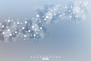 Yapı molekülü ve iletişim. DNA, atom, nöronlar. Tasarımınız için bilimsel bir kavram. Noktalarla birleştirilmiş çizgiler. Tıp, teknoloji, kimya, bilim geçmişi. Vektör illüstrasyonu.