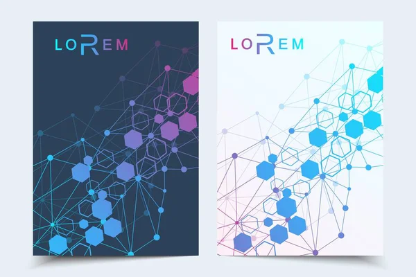 Folleto de plantillas de negocio, revista, folleto, folleto, portada, folleto, informe anual. Concepto científico para medicina, tecnología, química. Estructura molecular hexagonal. ADN, átomo, neuronas — Archivo Imágenes Vectoriales