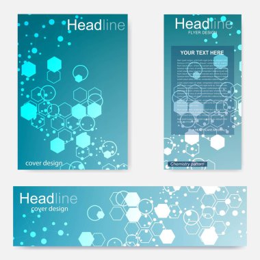 Broşür, A4 şablonu, afiş ayarla. Birbirine bağlı çizgiler ve noktalar olan moleküler yapı. Dergi, broşür, kapak, poster tasarımı için elementleri olan bilimsel desenli atom DNA 'sı.