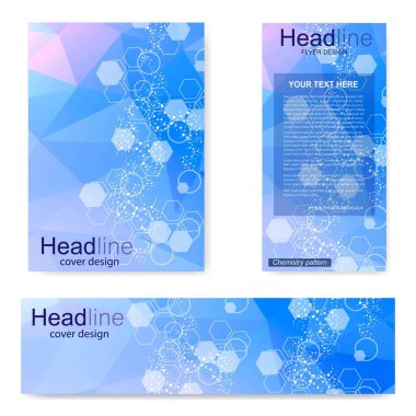 Broşür, A4 şablonu, afiş ayarla. Birbirine bağlı çizgiler ve noktalar olan moleküler yapı. Dergi, broşür, kapak, poster tasarımı için elementleri olan bilimsel desenli atom DNA 'sı.