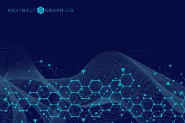 Yapı molekülü ve iletişim. DNA, atom, nöronlar. Tasarımınız için bilimsel bir kavram. Noktalarla birleştirilmiş çizgiler. Tıp, teknoloji, kimya, bilim geçmişi. Vektör illüstrasyonu.