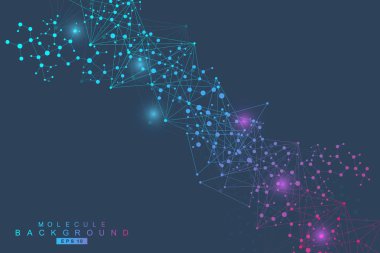 Yapı molekülü ve iletişim. DNA, atom, nöronlar. Tasarımınız için bilimsel bir kavram. Noktalarla birleştirilmiş çizgiler. Tıp, teknoloji, kimya, bilim geçmişi. Vektör illüstrasyonu.