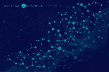 Yapı molekülü ve iletişim. DNA, atom, nöronlar. Tasarımınız için bilimsel bir kavram. Noktalarla birleştirilmiş çizgiler. Tıp, teknoloji, kimya, bilim geçmişi. Vektör illüstrasyonu.