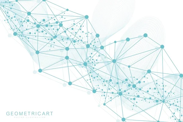 Molécula de estructura y comunicación. ADN, átomo, neuronas. Concepto científico para su diseño. Líneas conectadas con puntos. Medicina, tecnología, química, antecedentes científicos. Ilustración vectorial. — Archivo Imágenes Vectoriales