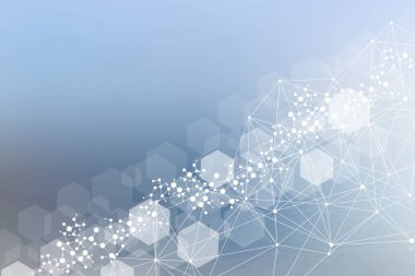 Yapı molekülü ve iletişim. DNA, atom, nöronlar. Tasarımınız için bilimsel bir kavram. Noktalarla birleştirilmiş çizgiler. Tıp, teknoloji, kimya, bilim geçmişi. Vektör illüstrasyonu.
