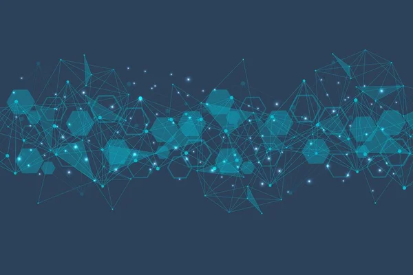 Modèle de réseau scientifique, lignes et points de connexion. Technologie hexagones structure ou éléments de connexion moléculaire. — Image vectorielle