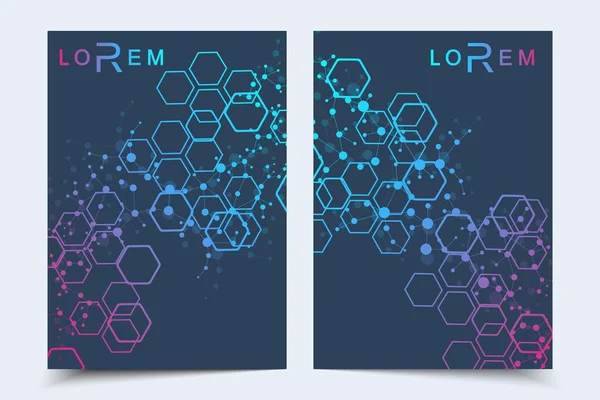 Vektormallar för broschyr broschyr broschyr broschyr broschyr omslag årsredovisning. Modern futuristisk hexagonal mönster med partikel, molekylstruktur för medicinsk, teknik, kemi, vetenskap. — Stock vektor