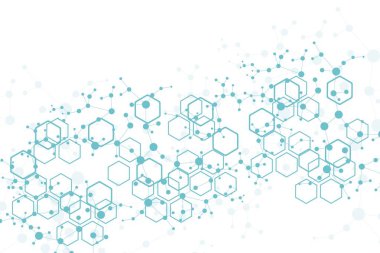 Bilim ağı şablonu, noktaları ve çizgileri birleştiriyor. Teknoloji altıgenlerin yapısı veya moleküler bağlantı elementleri.