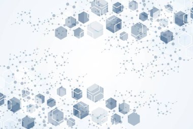 Bilim ağı şablonu, noktaları ve çizgileri birleştiriyor. Teknoloji altıgenlerin yapısı veya moleküler bağlantı elementleri.