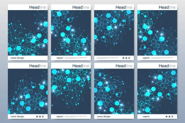 Plantillas vectoriales para folleto folleto folleto folleto folleto cubierta informe anual. Patrón hexagonal futurista moderno con partícula, estructura molecular para medicina, tecnología, química, ciencia . — Vector de stock