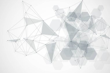 Bilim ağı şablonu, noktaları ve çizgileri birleştiriyor. Teknoloji altıgenlerin yapısı veya moleküler bağlantı elementleri.