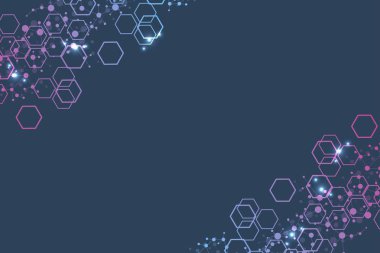 Bilimsel altıgen kalıbın modern fütüristik arka planı. Parçacık, tıbbi, teknoloji, kimya ve bilim için molekül yapısına sahip sanal soyut bir arka plan. Sosyal ağ vektörü.