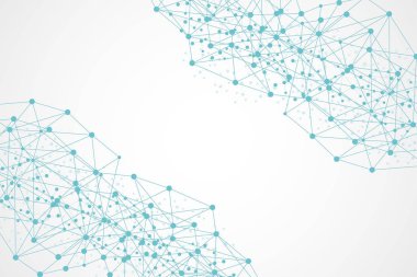 Bağlı çizgi ve noktalarla Geometrik soyut arkaplan. Yapı molekülü ve iletişim. Büyük Veri Görselleştirme. Tıp, teknoloji, bilim geçmişi. Vektör illüstrasyonu.