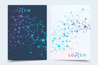 Bilimsel broşür tasarım şablonu. Vektör broşürü düzeni, birbirine bağlı çizgiler ve noktalarla moleküler yapı. Dergi, broşür, kapak, poster tasarımı için elementleri olan bilimsel desenli atom DNA 'sı.