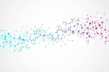 Yapı molekülü ve iletişim. DNA, atom, nöronlar. Tasarımınız için bilimsel bir kavram. Noktalarla birleştirilmiş çizgiler. Tıp, teknoloji, kimya, bilim geçmişi. Vektör illüstrasyonu.