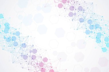 Bilim ağı şablonu, noktaları ve çizgileri birleştiriyor. Teknoloji altıgenlerin yapısı veya moleküler bağlantı elementleri.