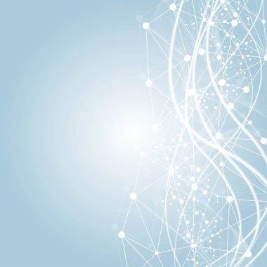 Bağlı çizgi ve noktalarla Geometrik soyut arkaplan. Yapı molekülü ve iletişim. Büyük Veri Görselleştirme. Tıp, teknoloji, bilim geçmişi. Vektör illüstrasyonu.