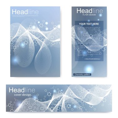 Broşür, A4 şablonu, afiş ayarla. Birbirine bağlı çizgiler ve noktalar olan moleküler yapı. Dergi, broşür, kapak, poster tasarımı için elementleri olan bilimsel desenli atom DNA 'sı.