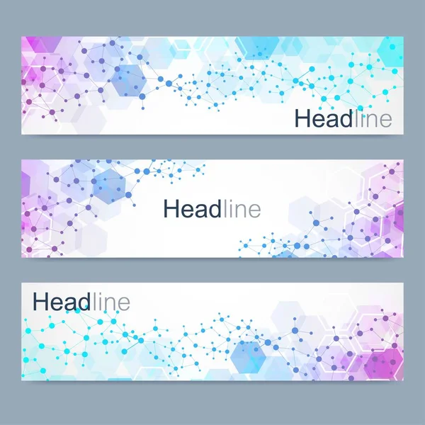 Modern vektör pankartlarının bilimsel seti. Birbirine bağlı çizgiler ve noktalar olan DNA molekül yapısı. Bilimsel ve teknoloji konsepti. Tasarımınız için dalga akış grafik arkaplanı. Vektör illüstrasyonu. — Stok Vektör