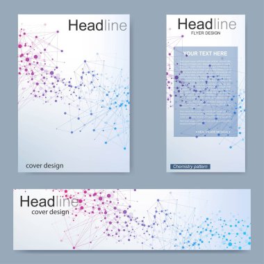Broşür, A4 şablonu, afiş ayarla. Birbirine bağlı çizgiler ve noktalar olan moleküler yapı. Dergi, broşür, kapak, poster tasarımı için elementleri olan bilimsel desenli atom DNA 'sı.