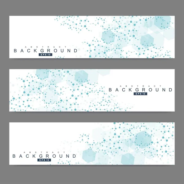 Set scientifico di banner vettoriali moderni. Struttura della molecola di DNA con linee e punti collegati. Concetto scientifico e tecnologico. Sfondo grafico a flusso d'onda per il vostro disegno. Illustrazione vettoriale. — Vettoriale Stock