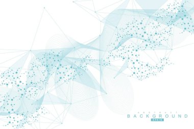 Yapı molekülü ve iletişim. DNA, atom, nöronlar. Tasarımınız için bilimsel bir kavram. Noktalarla birleştirilmiş çizgiler. Tıp, teknoloji, kimya, bilim geçmişi. Vektör illüstrasyonu.