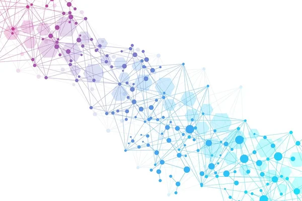 Wzorzec sieci naukowej, linie łączące i kropki. Struktura sześciokątów technologicznych lub molekularne elementy łączące. — Wektor stockowy