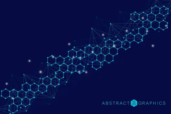 Moderne futuristische achtergrond van het wetenschappelijke hexagonale patroon. Virtuele abstracte achtergrond met deeltjes, moleculestructuur voor geneeskunde, technologie, chemie, wetenschap. Sociale netwerkvector — Stockvector