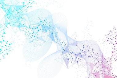 Bağlı çizgi ve noktalarla Geometrik soyut arkaplan. Yapı molekülü ve iletişim. Büyük Veri Görselleştirme. Tıp, teknoloji, bilim geçmişi. Vektör illüstrasyonu.