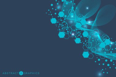 Bilim ağı şablonu, noktaları ve çizgileri birleştiriyor. Teknoloji altıgenlerin yapısı veya moleküler bağlantı elementleri.