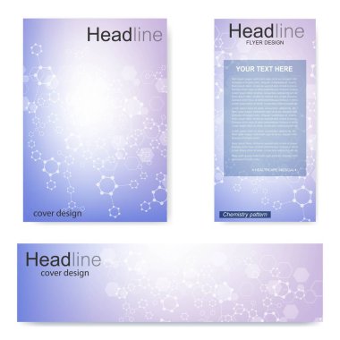 Broşür, A4 şablonu, afiş ayarla. Birbirine bağlı çizgiler ve noktalar olan moleküler yapı. Dergi, broşür, kapak, poster tasarımı için elementleri olan bilimsel desenli atom DNA 'sı.
