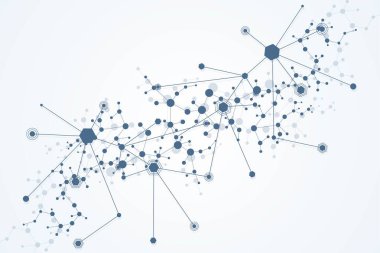 Bağlı çizgi ve noktalarla Geometrik soyut arkaplan. Yapı molekülü ve iletişim. Büyük Veri Görselleştirme. Tıp, teknoloji, bilim geçmişi. Vektör illüstrasyonu.