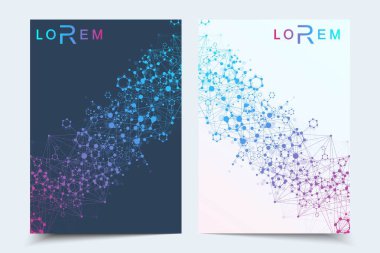 Broşür dergisi broşürleri için vektör şablonları yıllık broşür kapağı raporu. Parçacık, tıp, teknoloji, kimya, bilim için molekül yapısı ile modern fütürist altıgen desen.