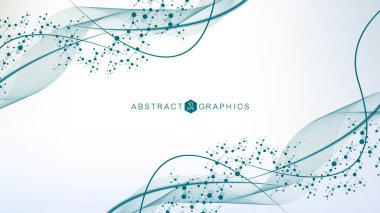 Yapı molekülü ve iletişim. DNA, atom, nöronlar. Tasarımınız için bilimsel bir kavram. Noktalarla birleştirilmiş çizgiler. Tıp, teknoloji, kimya, bilim geçmişi. Vektör illüstrasyonu.