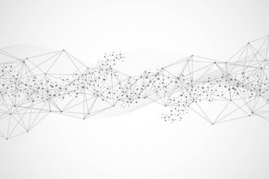 Bağlı çizgi ve noktalarla Geometrik soyut arkaplan. Yapı molekülü ve iletişim. Büyük Veri Görselleştirme. Tıp, teknoloji, bilim geçmişi. Vektör illüstrasyonu.